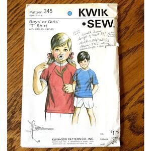 UNCUT Vintage 1960s Kwik Sew 345 Sewing Pattern Size 2-6yr old Raglan T Shirt